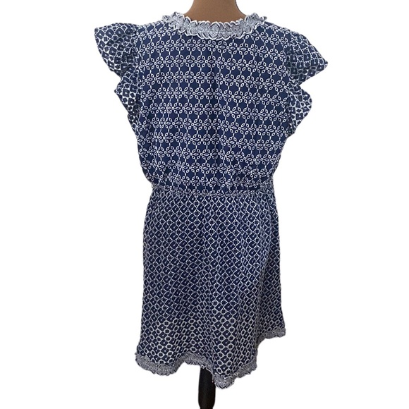 Express Printed navy and white Eyelet Lace Trim Faux Wrap Dress no belt size XL - Picture 3 of 15